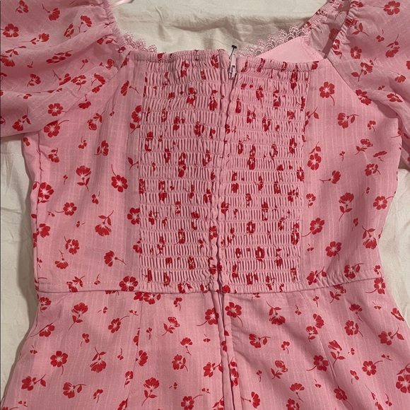 Francesca's Pink Red Floral Mini Puff Sleeve Feminine Romantic Summer Dress - Picture 9 of 9
